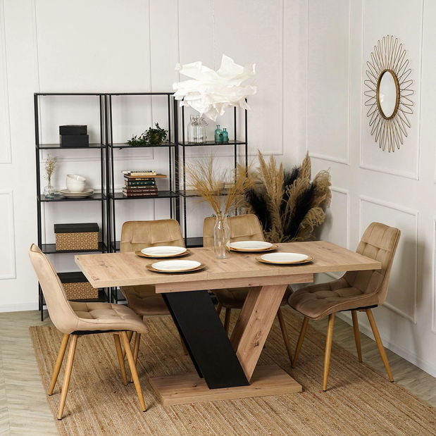 Blagovaonski stol na razvlačenje Comentado (hrast artisan + crna) (za 4 do 6 osoba)