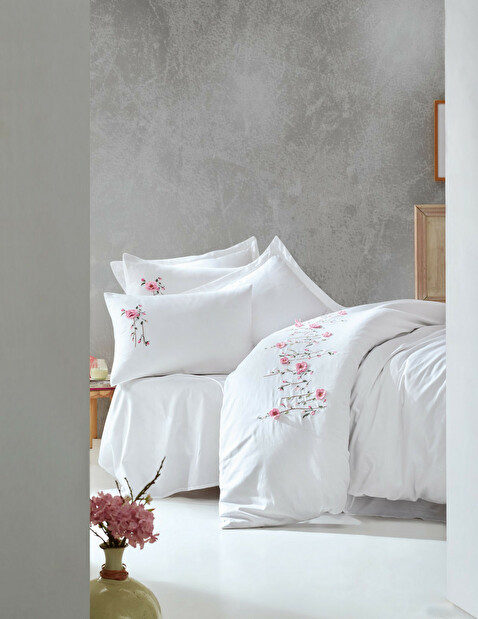 Set satenske posteljine 200 x 220 cm Perlet (bijela + ružičasta)