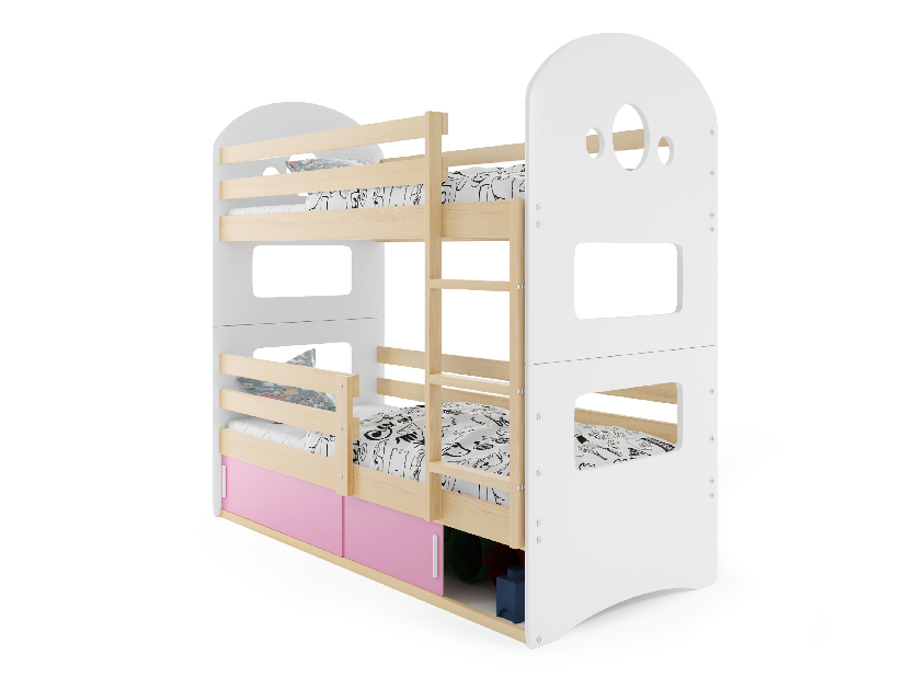 Krevet na kat 80 x 160 cm Domur (bor + ružičasta) (s podnicom, madracem i prostorom za odlaganje)