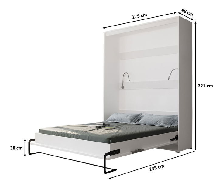Sklápacia posteľ 160 Homer (biela matná + lesklá biela) (vertikálna) (s osvetlením)