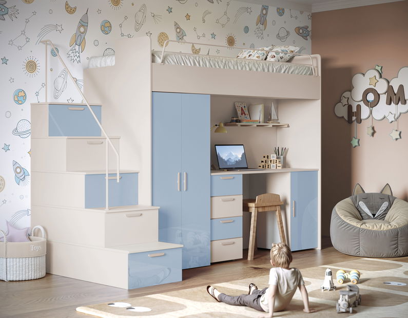 Pat pentru copii Ruby IV S (cașmir + albastru deschis lucios) (cu somiere)