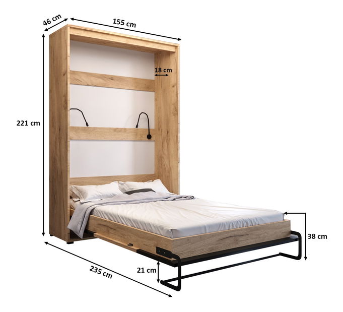 Krevet na sklapanje 140 Cassie (craft zlatni + crna mat) (vertikalni) (s rasvjetom)