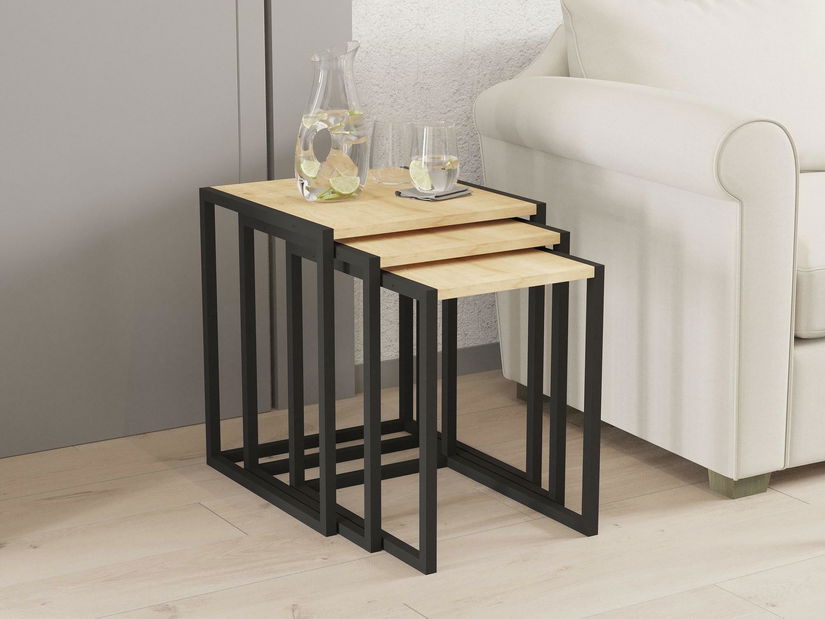 Set 3buc. măsuțe cafea Kibusa (negru + stejar zafir) 