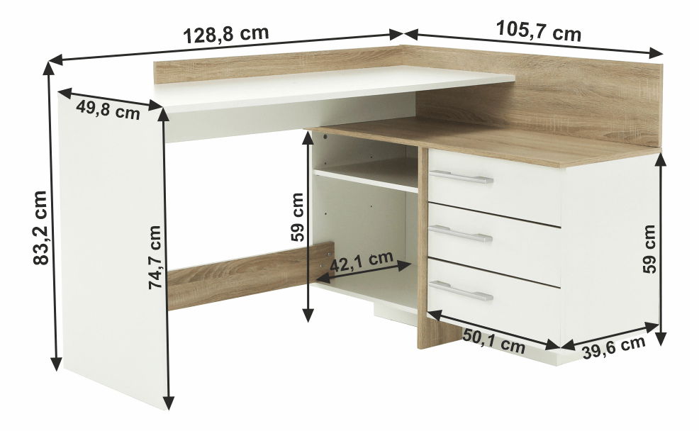 Masă PC de colț Teny (Alb + Stejar sonoma)