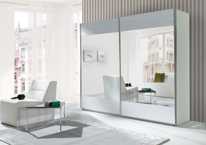 Dulap de haine cu uși glisante Laurenia (alb) (cu oglindă)