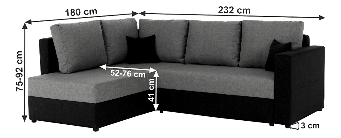 Sarokkanapé Udan fekete + világosszürke (J)