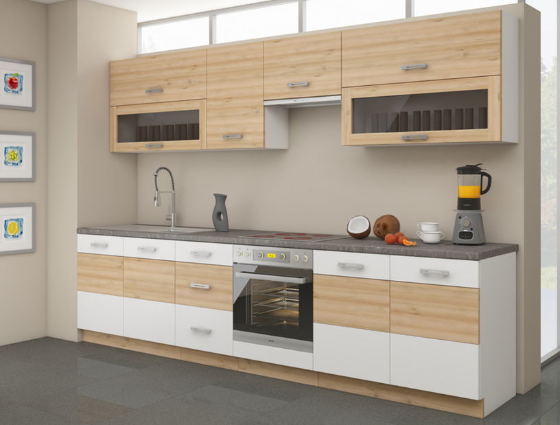 Bucătărie Iseldis 260 cm (Alb + Fag iconic)