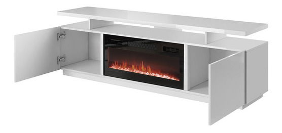 TV skrinka s krbom Anaceta (biela + lesk biely) (s LED osvetlením)