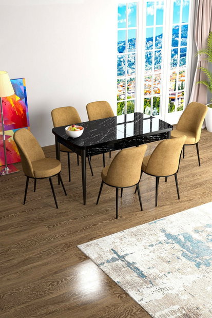 Set dining Hana (marmură neagră + crem) (pentru 6 persoane)