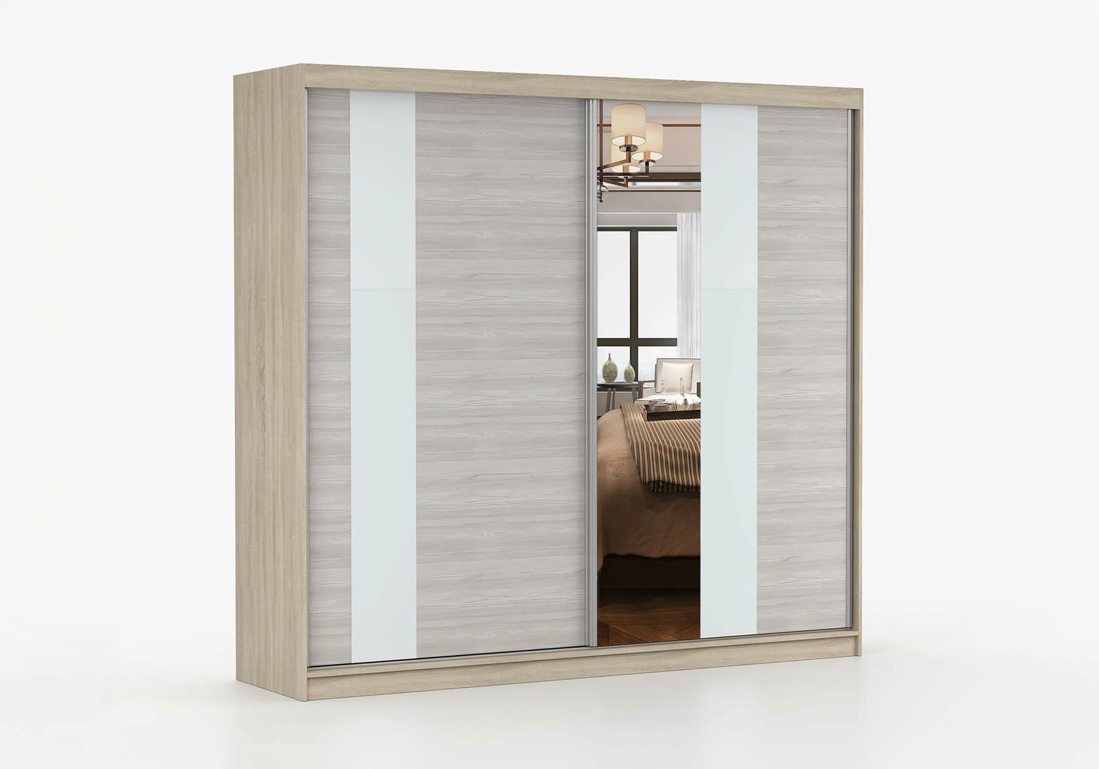 Dulap de haine Mebur 32 230 (stejar sonoma + kathult + sticlă albă + Oglindă)