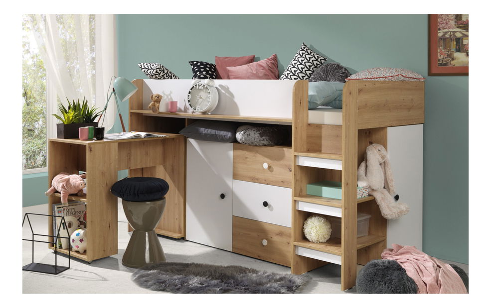 Dječji kombinirani krevet 90 cm Sami 1 (hrast artisan + bijela mat + crne ručke)