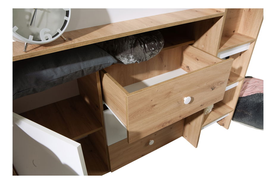 Dječji kombinirani krevet 90 cm Sami 1 (hrast artisan + bijela mat + crne ručke)