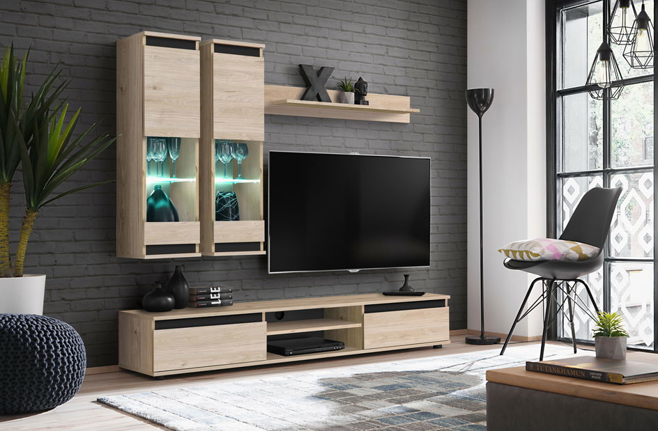 Set za dnevni boravak Marc HJZ MD (hrast jackomon hickory + crna) (s rasvjetom)