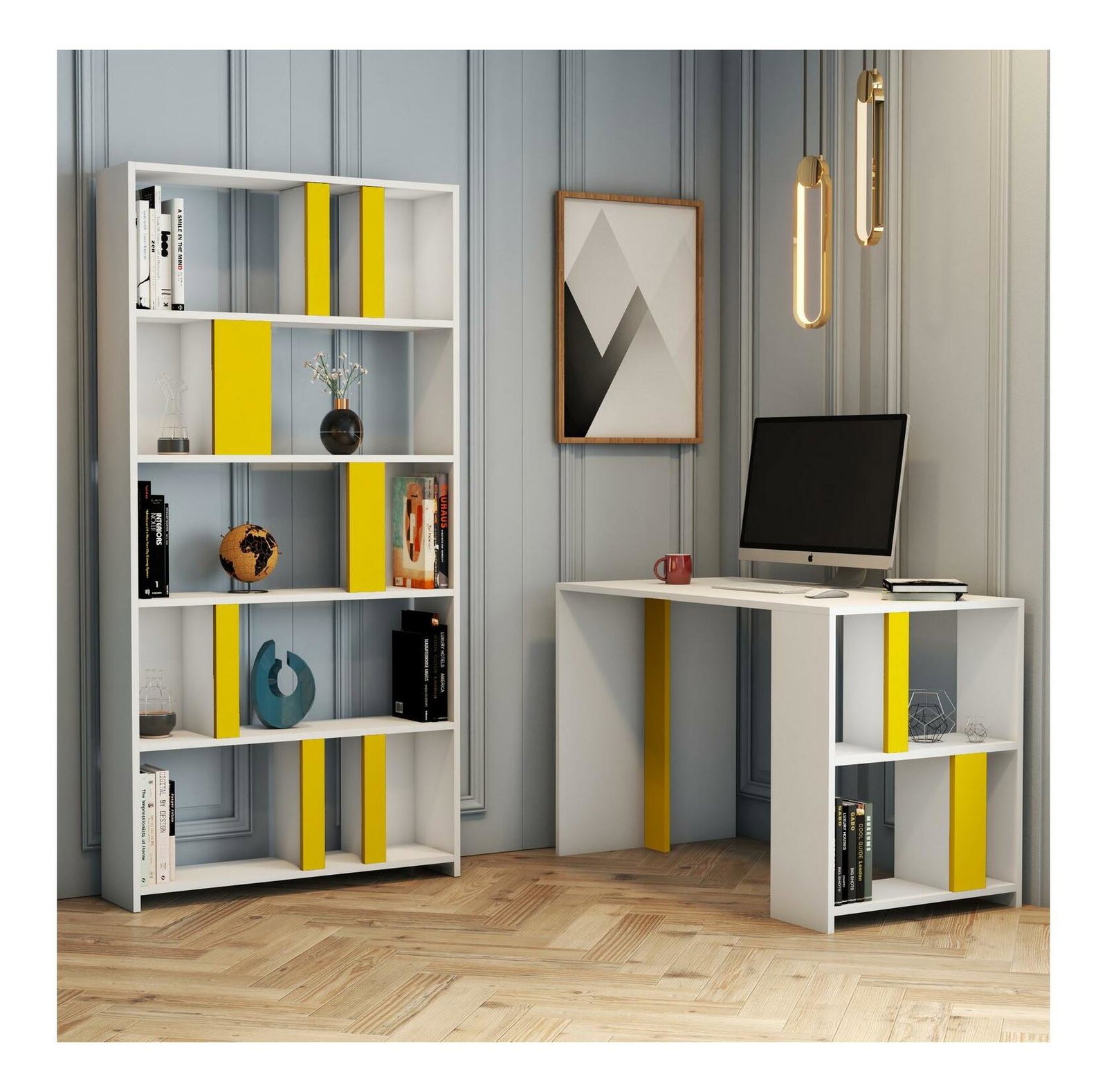 PC asztal regállal Limba (fehér + sárga)
