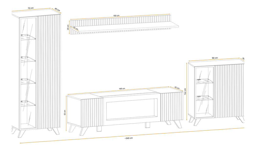 Set za dnevni boravak Lyran (hikora jackson + crna) (s LED rasvjetom) (s bio kaminom)