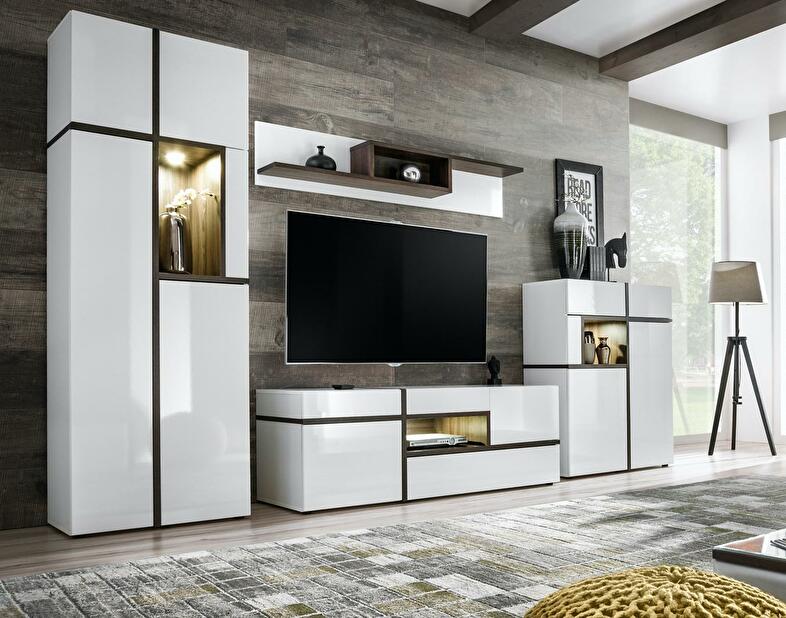 Mobilier living Carlyn 1 (alb mat + brest perlă + alb ultra lucios) (cu iluminat
