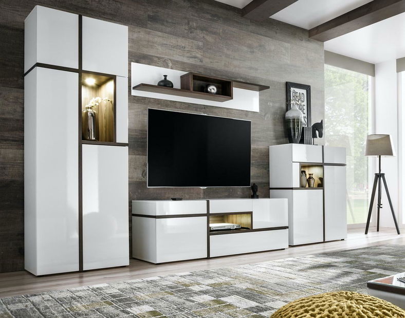 Obývacia stena Carlyn 1 (biela matná + brest perlový + vysoký lesk biely) (s osvetlením)