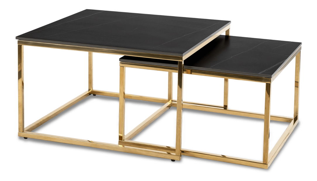 Set 2 konferenčných stolíkov Texarkana (mramor čierny + zlatá) 