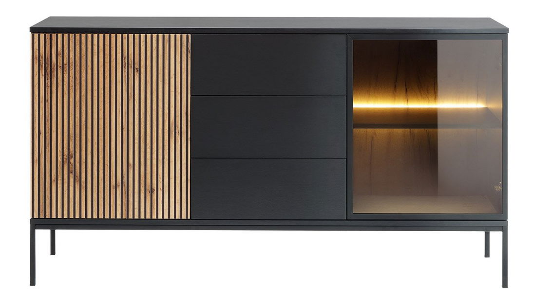 Vitrină Dernas KSZ154 (Negru grafit + Stejar wotan) (cu iluminat LED galben)