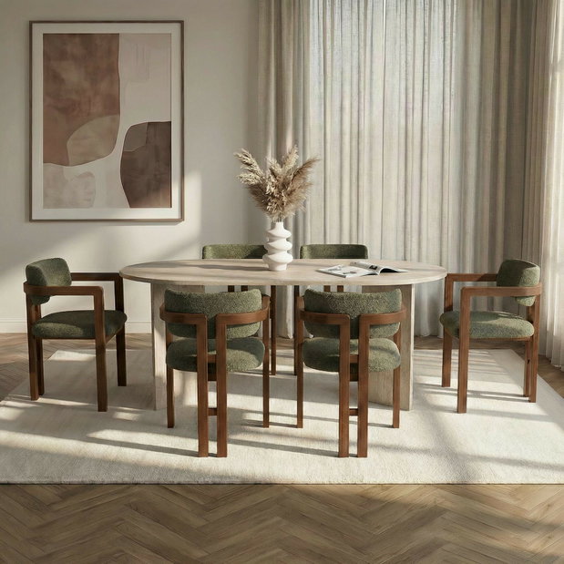 Set masă scaune (pentru 6 persoane) Marida 6 (travertin + nuc + verde)