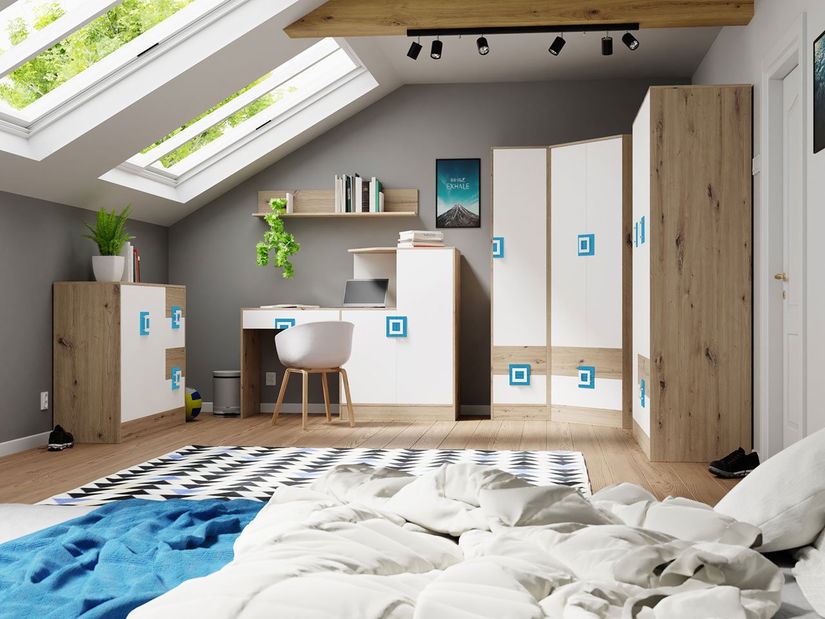 Mobilier cameră studenți Maximos V (stejar deschis + turcoaz + alb)