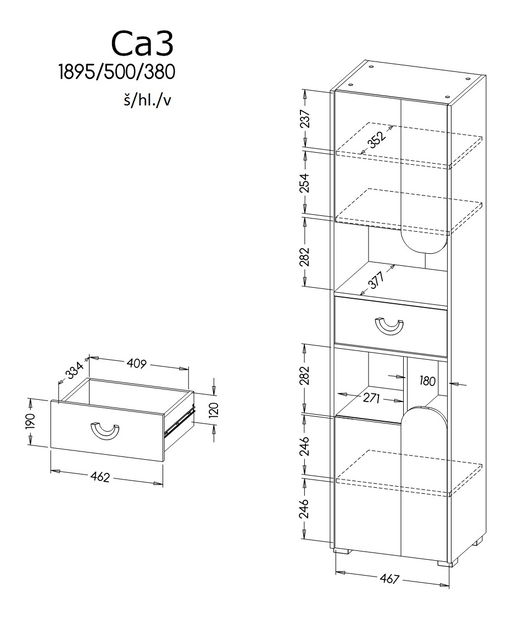 Komoda tip CA3 Caryl (svijetli grafit + bijela sjajna + hrast Nash)