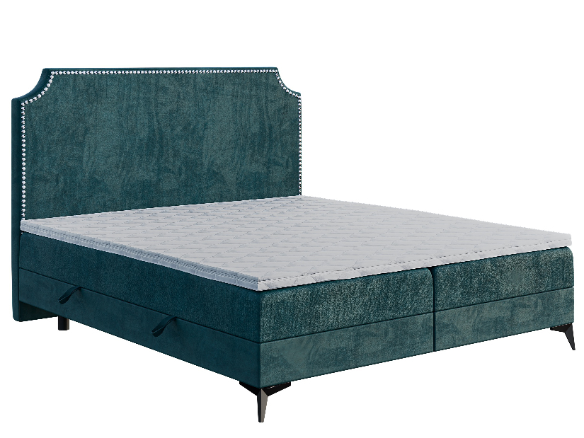 Pat matrimonial Boxspring 160 cm Lexa (marin) (cu saltea și sp. depozitare)