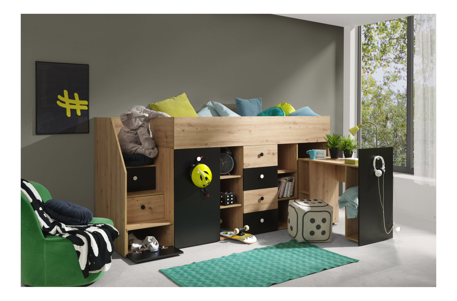 Dječji kombinirani krevet 90 cm Sami 3 (hrast artisan + mat crna + bijele ručke) (L)