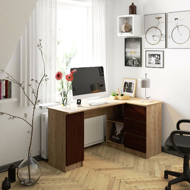 Rohový PC stolík Bevin (dub sonoma + wenge) (P)