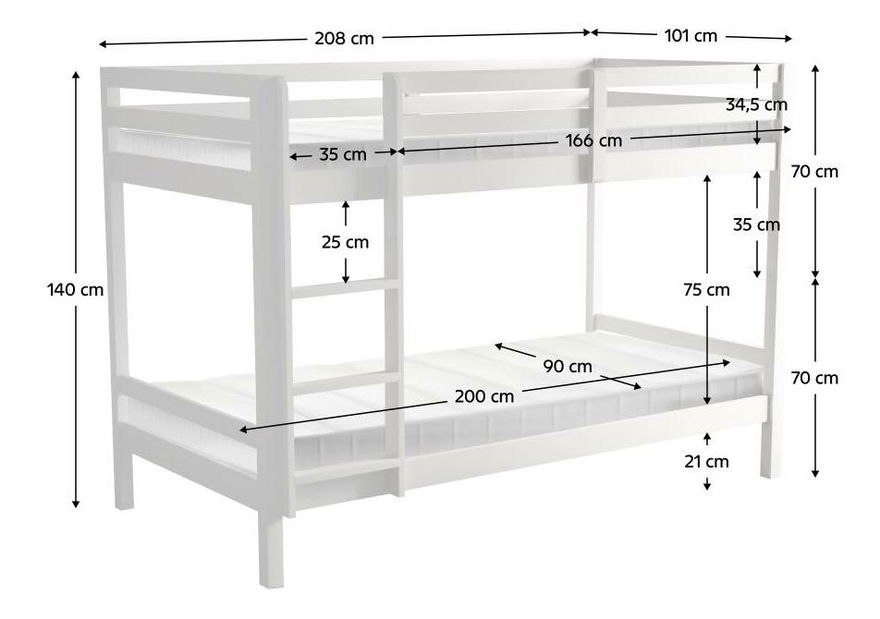 Pat etajat pentru copii 90 cm Invocato (alb) (cu somieră)