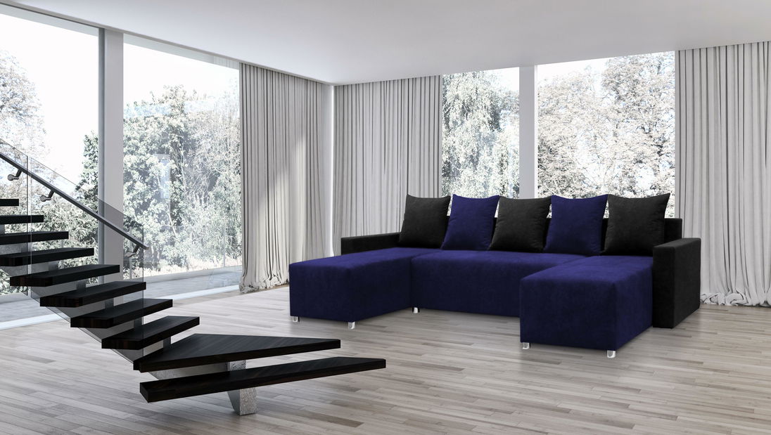 Rohová sedačka U Briston U s opierkami (čierna fialová + vankúše)