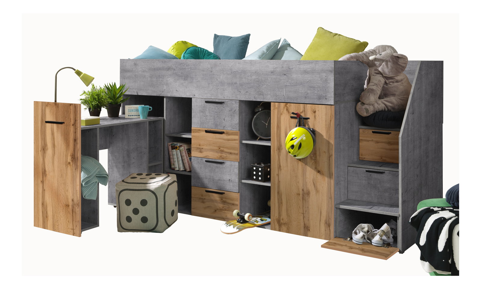 Detská kombinovaná posteľ 90 cm Kesa 3 (betón + dub wotan) (P)