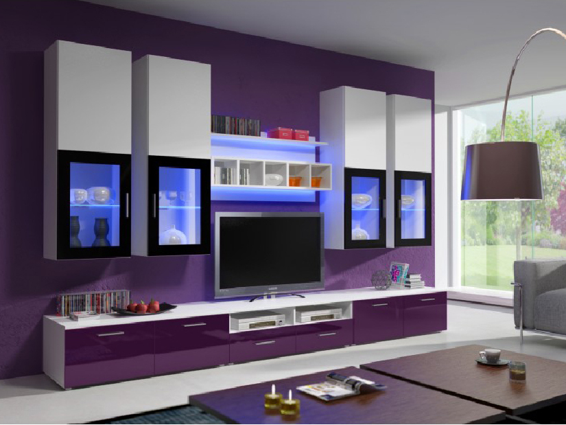 Mobilier living Aston 1 (Alb + violet) (cu iluminat)