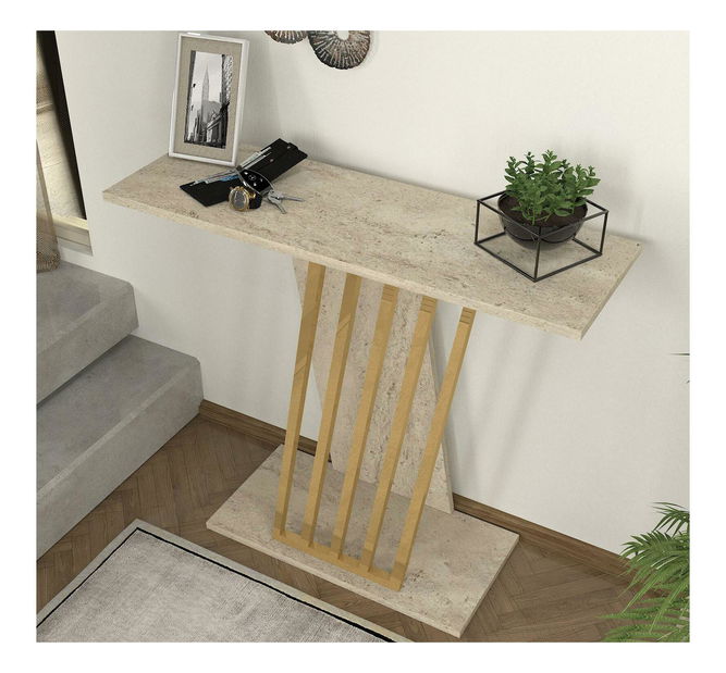 Konzolový stolík Glumy (zlatá + travertín) 