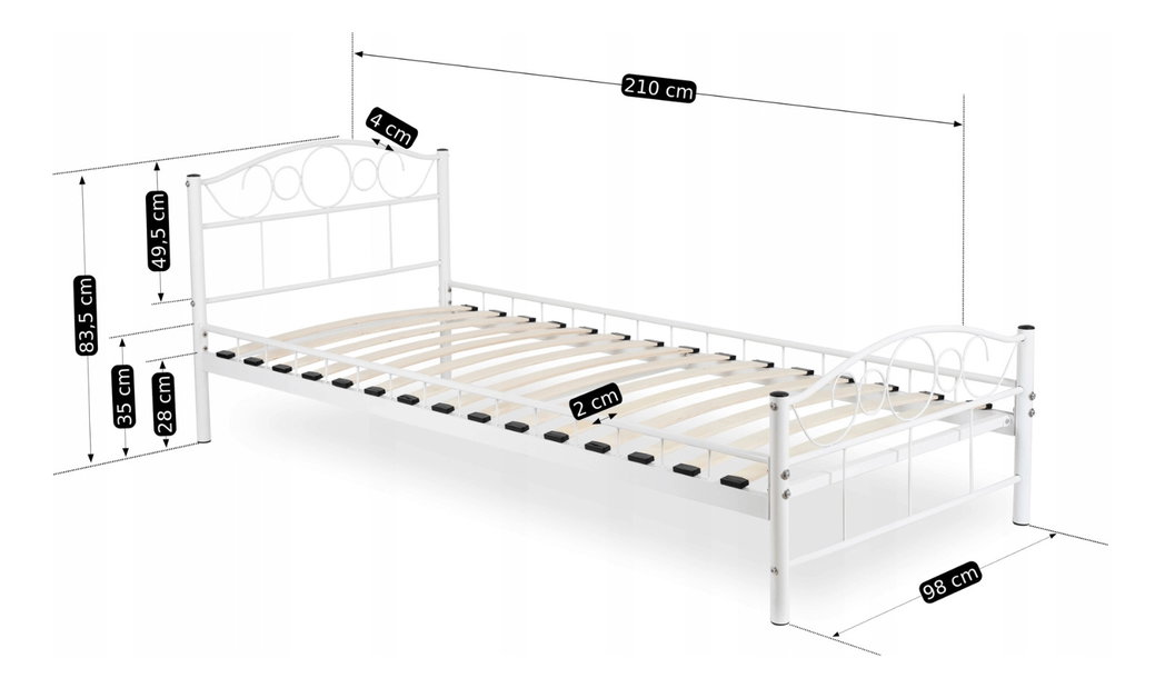 Kovová posteľ 90 cm Granjeros (biela) (s roštom)