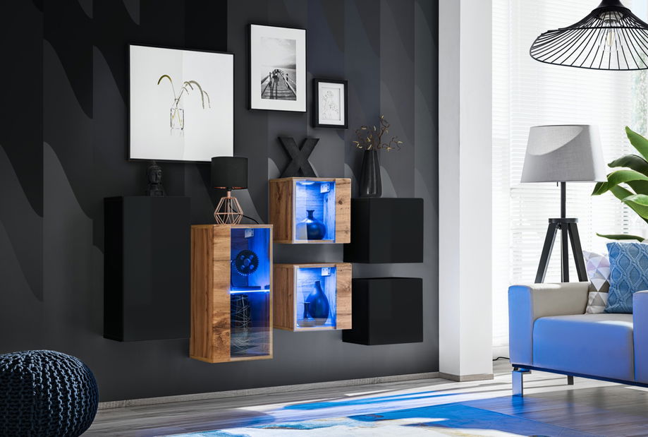 Set za dnevni boravak Shelly 27 SWT SW SB4 (crna mat + crna sjajna + hrast wotan)