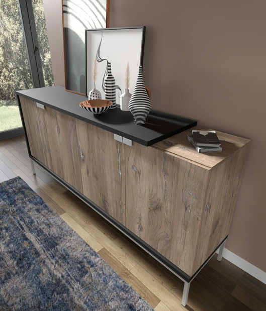 Dulap 190 4D Toleo (Stejar flasgstaff + Negru + argintiu)