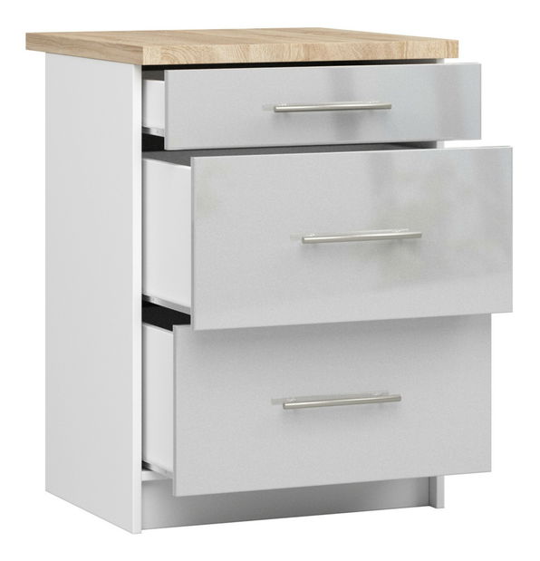 Dolná kuchynská skrinka Ozara S60 3SZ (biela + metalický lesk)