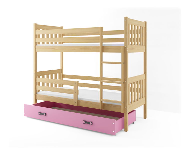 Poschodová posteľ 80 x 160 cm Carius B (borovica + ružová) (s roštami, matracmi a úl. priestorom)