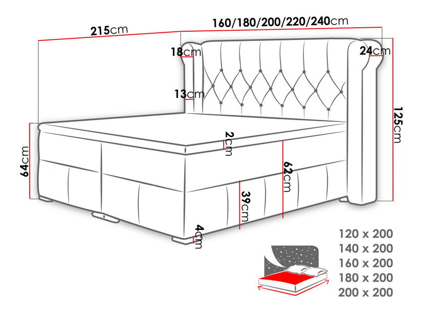 Bračni krevet 180 cm Piano (siva) (s podnicom i madracem) (s prostorom za odlaganje)