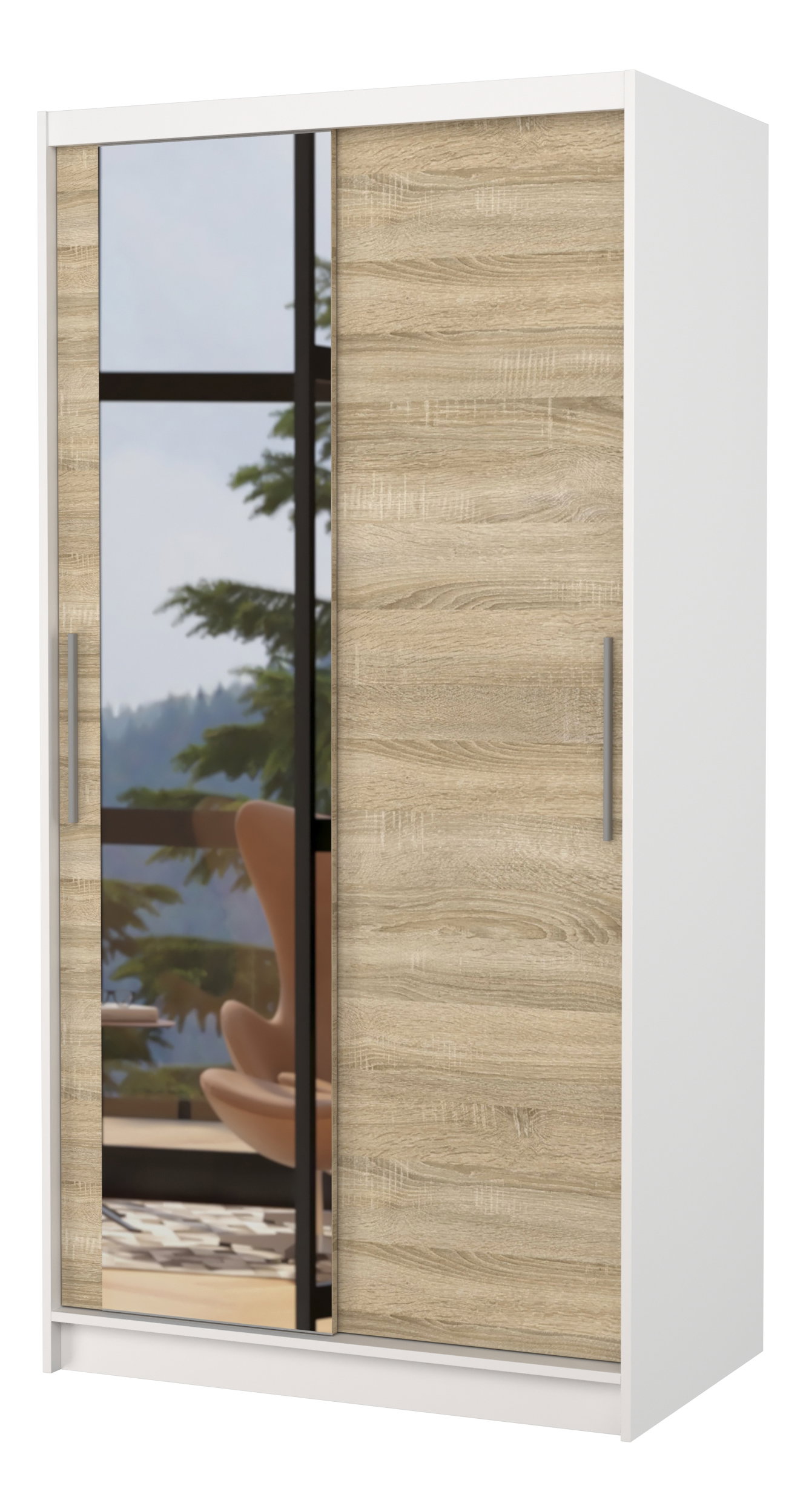 Dulap de haine Beral (Alb + Stejar sonoma) (cu oglindă)