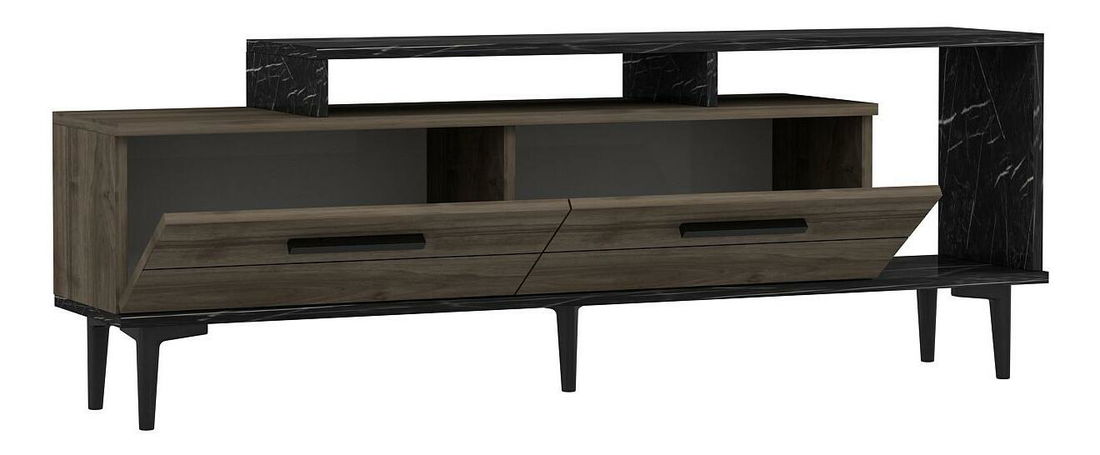 Masă TV/Dulap Kiniva (Nuc + negru + marmură) 