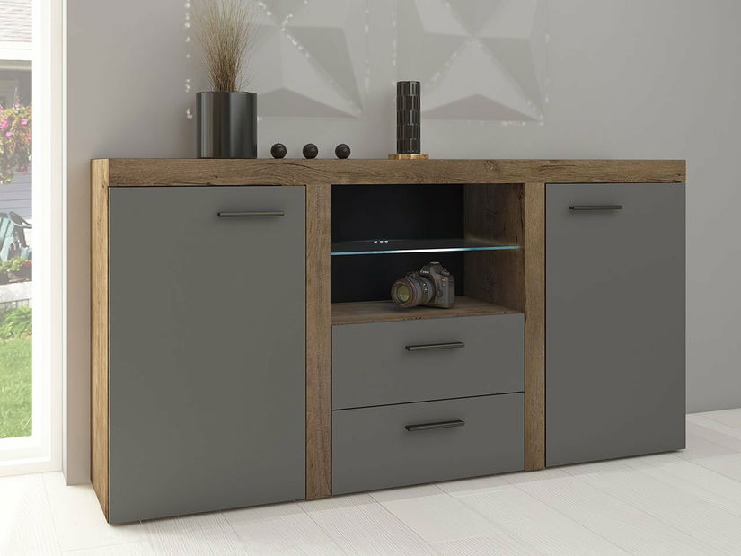 Comodă combinată Rokara (stejar lefkas + grafit) (iluminat LED)