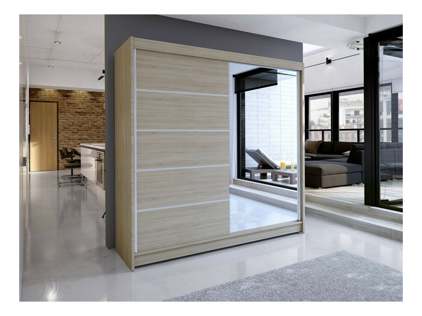 Ruhásszekrény Bastian III (sonoma + sonoma + tükör (RGB LED világítás színes)