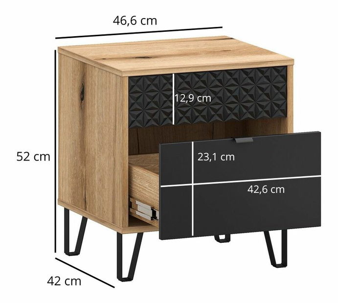 Noptieră Botones (stejar evoke + negru) 