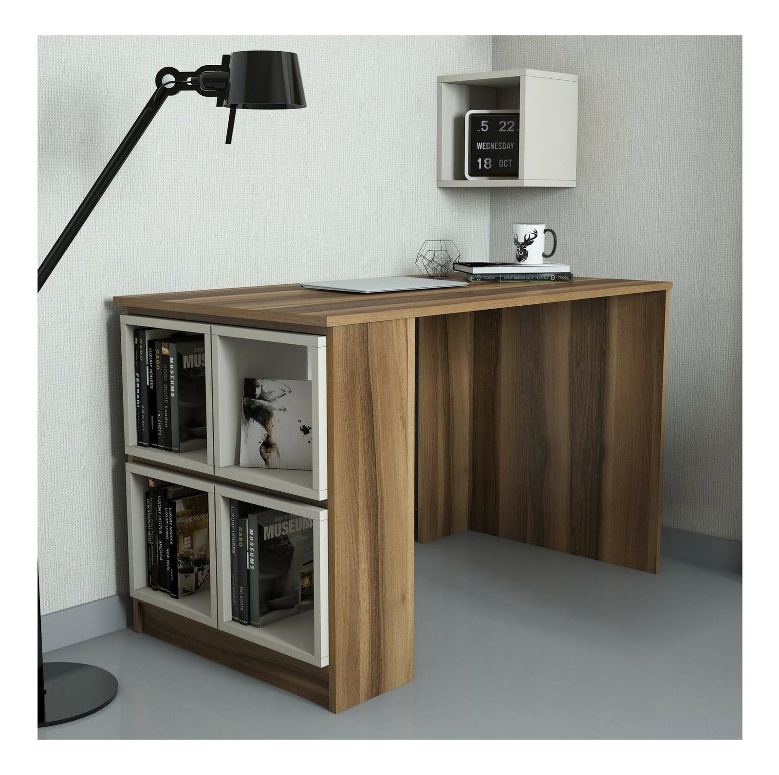 PC stolek s policí Blanchet (ořech + krémová)