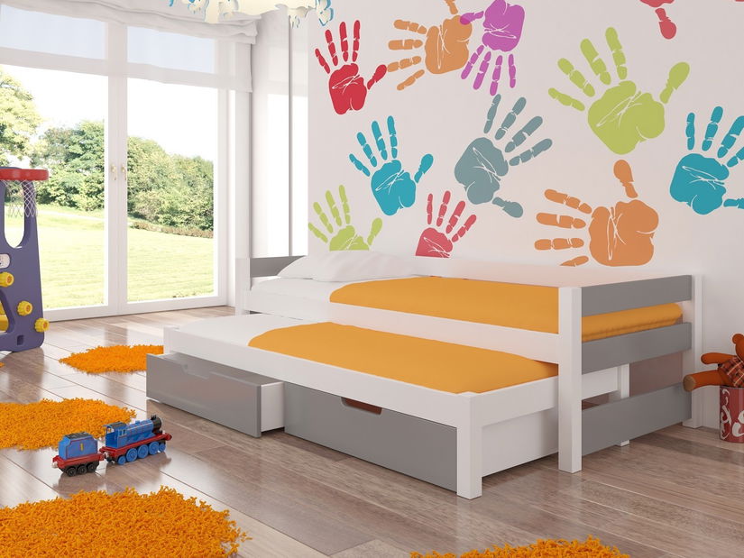 Rozkládací dětská postel 200x90 cm Fifo (s roštem a matrací) (bílá + šedá)