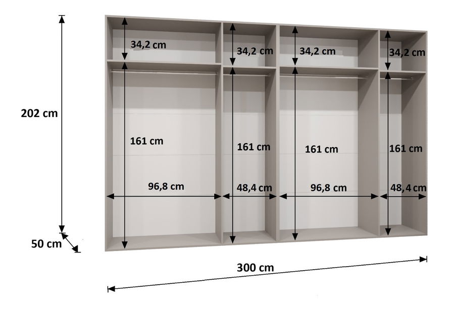 Šatní skříň 300 cm Mirabella 3 (bílá + kašmír)