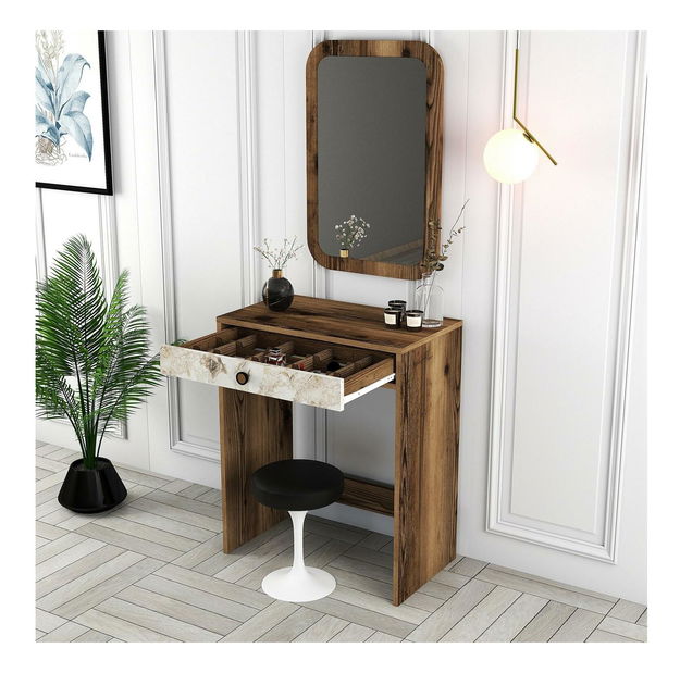 Toaletní stolek Logan 1 (bílý mramor + ořech) (se zrcadlem)