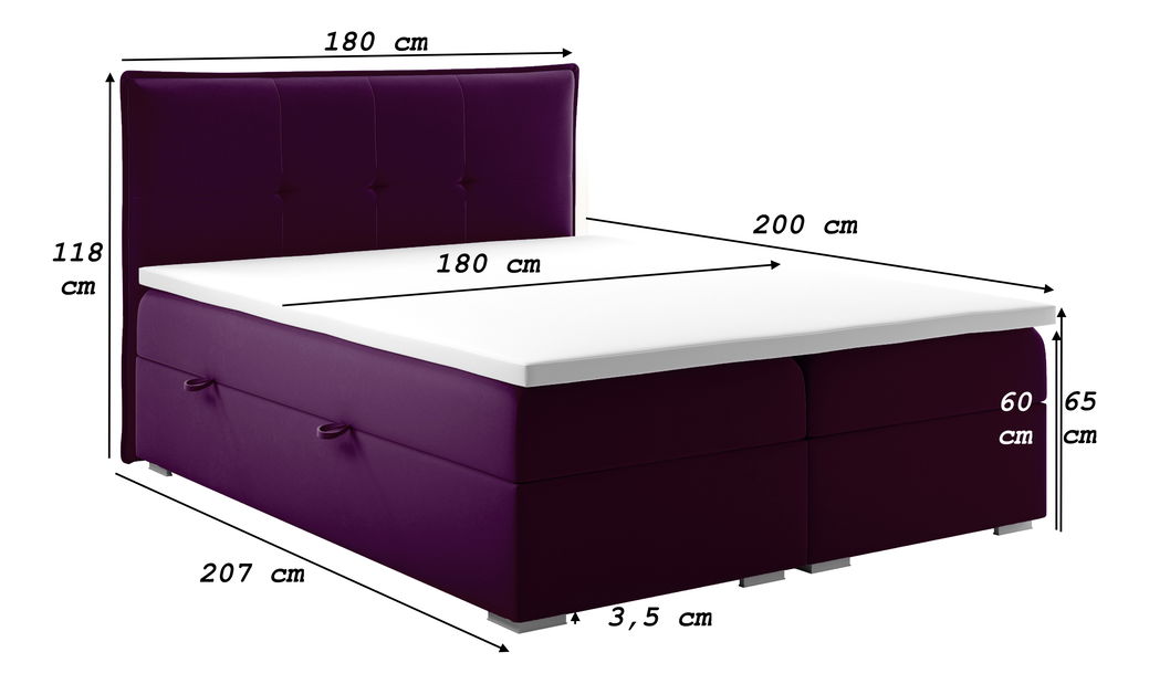 Boxspring postel 180 cm Carla (fialová)(s úložným prostorem)